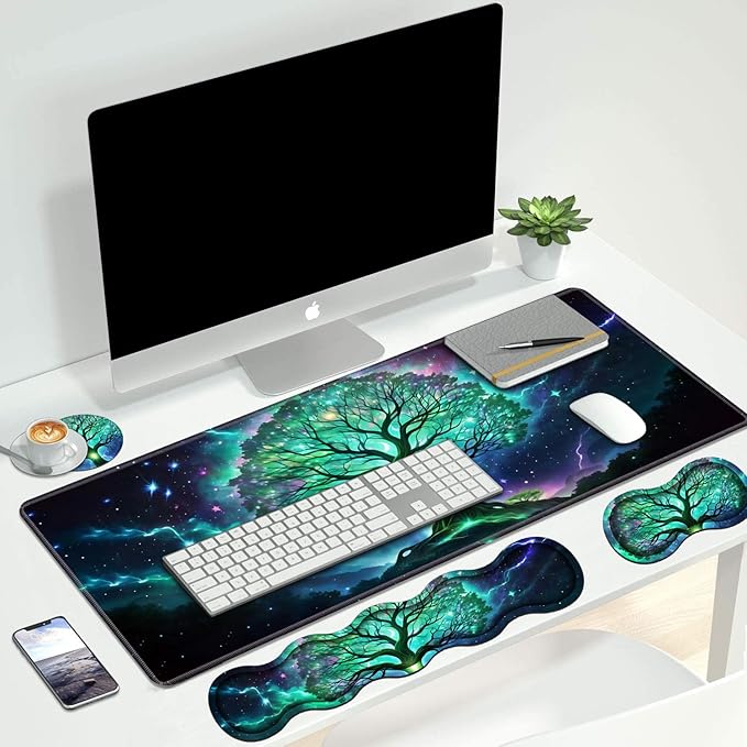 4 in 1 Ergonomic Keyboard Wrist Rest & Mouse Pad Wrist Rest Set, Large XXL Gaming Desk Mat 31.5"x 11.8" with Non-Slip Base, Memory Foam for Home Office Study Gaming, Tree of Life