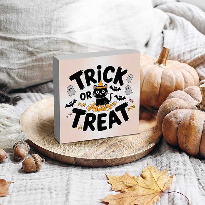 HTBIG Halloween Decor, Trick or Treat Signs Halloween Desk Black Cat Decor, Ghost Sign Home Office Desk Shelf Cubicle 5 x 5 inch