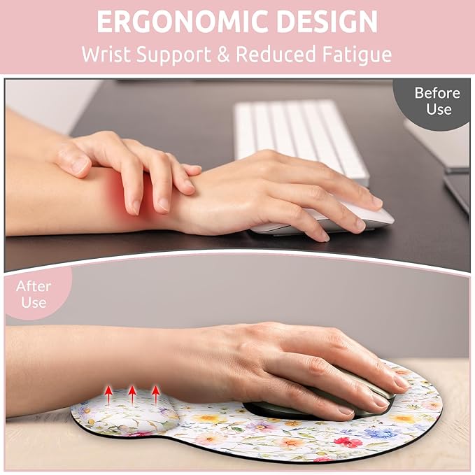 Ergonomic Mouse Pad with Wrist Rest, Small Mousepad with Non-Slip Rubber Base and Smooth Surface, Floral Mouse Pads for Desk, Office Desk Accessories