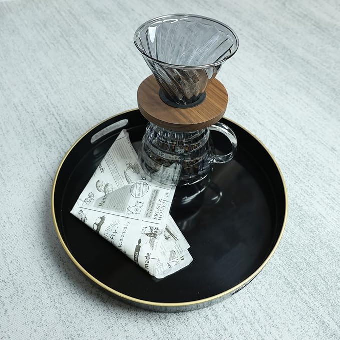 Spsyrine Round Black Decorative Tray, 13" Plastic Serving Table Tray with Handles for Breakfast, Round Modern Ottoman Tray for Coffee Table, Bathroom, Kitchen, Living Room