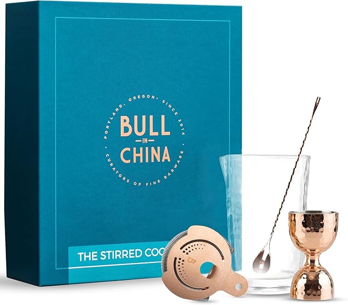 4 Piece Cocktail Kit by Bull In China - Premium Bartender Gift Set Includes Flagship Mixing Glass, 12 inch Barspoon, Bell Jigger & Hawthorne Strainer For Professional & Home Bars (Copper)