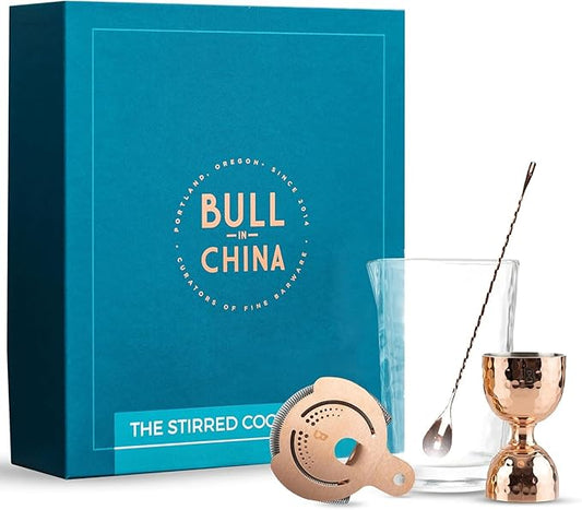 4 Piece Cocktail Kit by Bull In China - Premium Bartender Gift Set Includes Flagship Mixing Glass, 12 inch Barspoon, Bell Jigger & Hawthorne Strainer For Professional & Home Bars (Copper)
