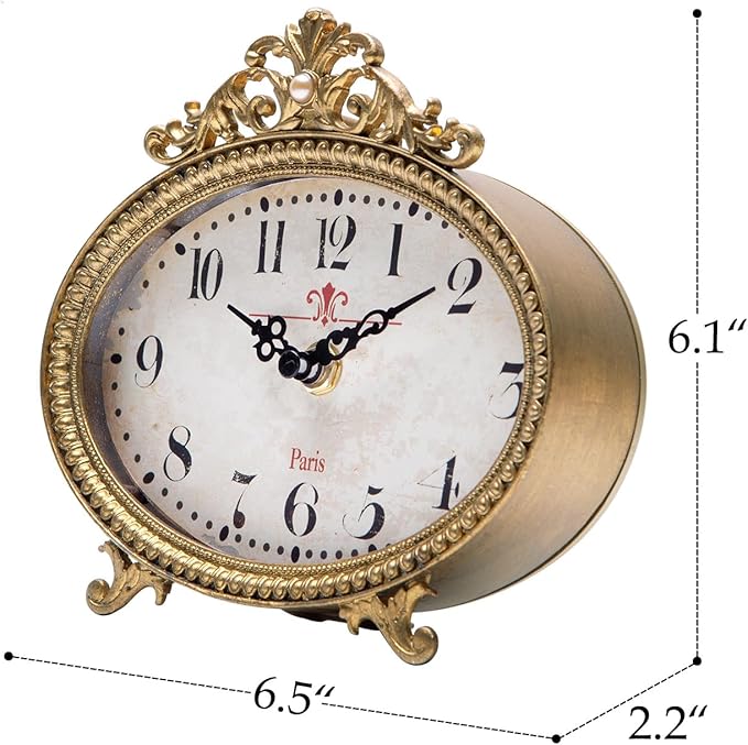 NIKKY HOME Vintage Table Clock, French Turquoise Color Rococo Style Desk Clock Battery Operated Rustic Design, Home Décor for Living Room, Bedroom, Bedside, Desk, Gift Clock - Gold