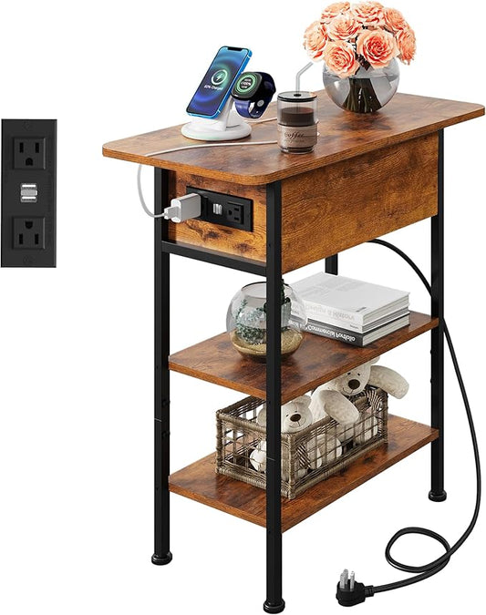 WLIVE End Table with Charging Station, Flip Top Side Table with Storage Shelf, Sofa Couch Table with USB Ports and Outlets, Narrow Bedside Table for Living Room, Bedroom ,11.81"D x 23.62"W x 24.33"H