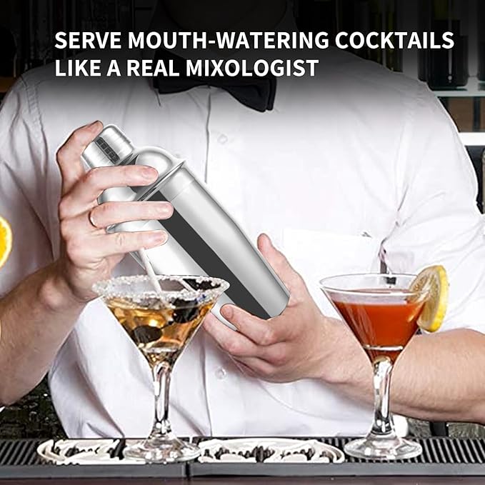 24oz Cocktail Shaker Bar Set, Martini Shaker with Built-in Strainer, Measuring Jigger, Mixing Spoon, Professional Stainless Steel Large Bartender Drink Shaker Margarita Alcohol Mixer-Silver