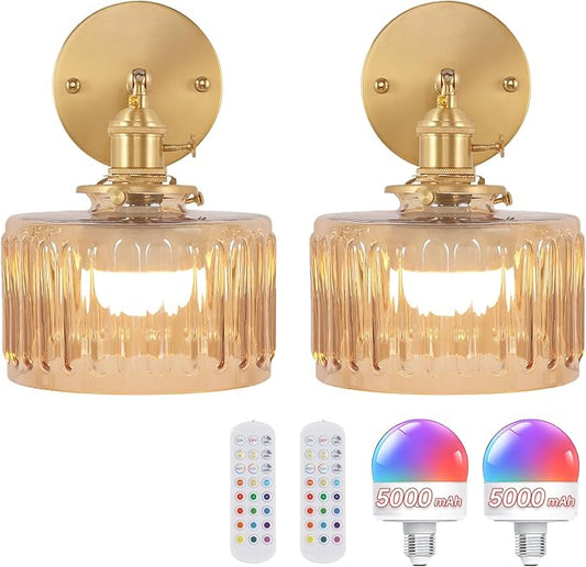 Vintage Battery Operated Wall Sconce with Amber Striped Glass Lampshade 5000 mAh Rechargeable Battery Powered Wall Light with Remote Control for Bedside Bedroom Doorway, Set of 2