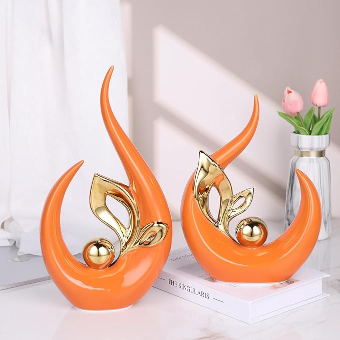 9.4" H Orange Gold Abstract Sculptures Home Decor, Ceramic Art Statue Cool Stuff to Put on Shelves&tv Stand Decor, Gold Accent Entertainment Center, for Fireplace Coffee Table Dining Table Decorate