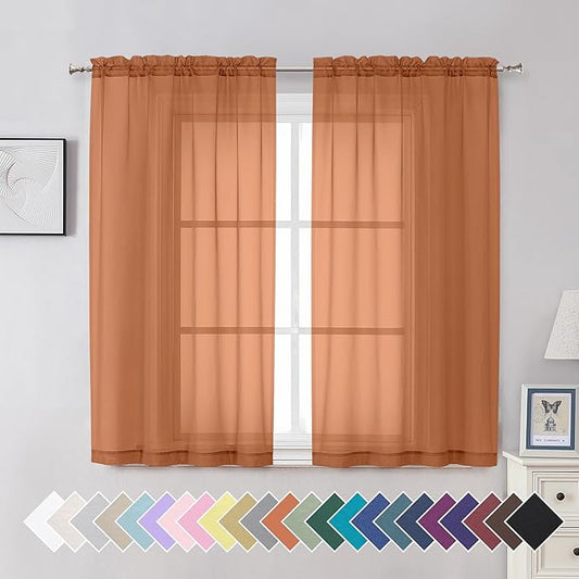 Aiyufeng Orange Sheer Curtains 54 Inch Length 2 Panels Set, Light Filtering Airy Rod Pocket Orange Window Curtain Treatment Drapes for Kitchen Bedroom Living, Each 42Wx54L Inches