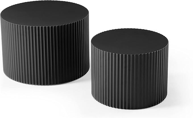 Nesting Coffee Tables Set of 2, Black Round Coffee Tables for Living Room Modern Fluted Tea Tables 23.6" Wooden Drum Accent Tables for Living Room, No Assembly Required (Black)