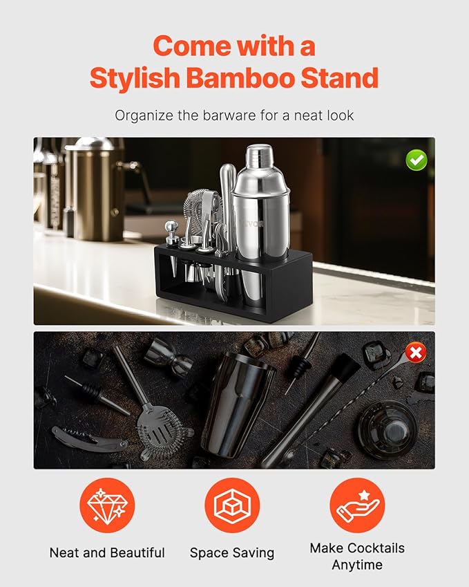 VEVOR Cocktail Shaker Set, 13-Piece Stainless Steel Bar Tools with Bamboo Stand, Martini Bartender Kit Accessories | Mixer Spoon, Muddler, Jigger, Strainer, Liquor Pourers, Ice Tong, Corkscrew, Silver