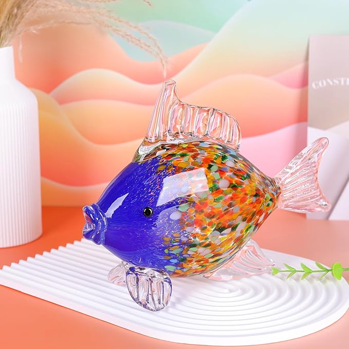 9.4 in Blown Colored Glass Fish Statue, Blue Glass Fish Paperweight Sculpture for Modern Home Decor, Living Room Coffee Table, Office Desk, Dining Table Centerpiece, and Window Display (G)