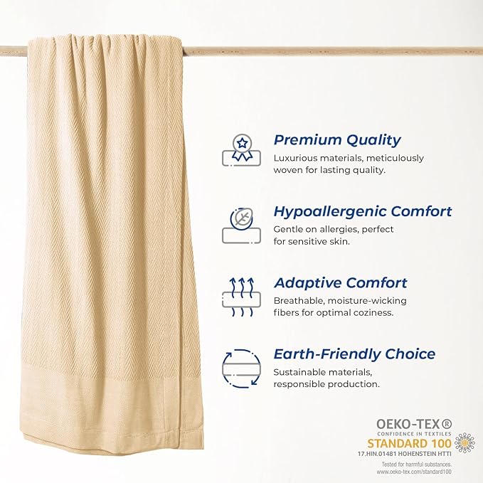 THREAD SPREAD Organic GOTS Certified Cotton Blanket, Twin/Twin XL - 350 GSM, Antistatic, Fuzzy Soft, Lightweight, Sofa, Camping & Travel, All-Season Herringbone Throw, Biege + Stylish Bonus Tote Bag