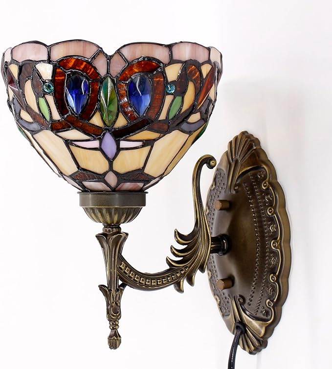 Tiffany Wall Sconce Lamp Blue Stained Glass Flower Style 8X10.5X11 Inch Plug in Wall Bedside Light for Hallway Bedroom (Serenity Victorian Style)