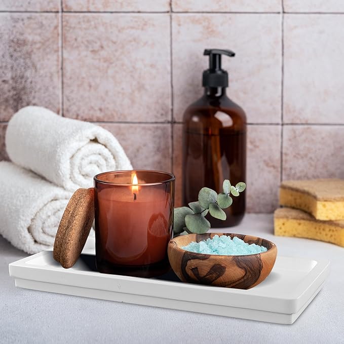 Acacia Rectangle Organizer Tray - 11.8 x 5.9 Inches, Soap Tray for Bathtub Countertop Sink Dresser Toilet Tank - Home Decoration for Jewelry Dish Key Plate (White)