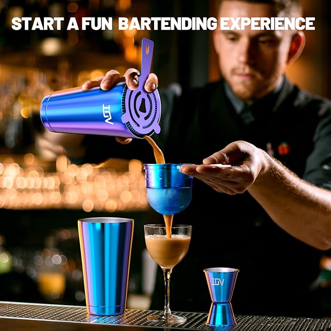 IOV Boston Cocktail Shaker Bar Set, Bartender Kit Drink Mixer Set with 18 oz & 28 oz Boston Shakers, Hawthorne Strainer, Double Jigger, Bar Tool Kit and Recipe Booklet - Rainbow