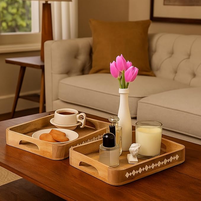 Mela Artisans Wooden Serving Tray Set of 2 with Handles | Mango Wood Decorative Trays | 15x10x1.75 & 13x9x1.75 | Ottoman Tray | Snacks | Desserts | Bread | Coffee Table | Bedroom | Rounded Edge