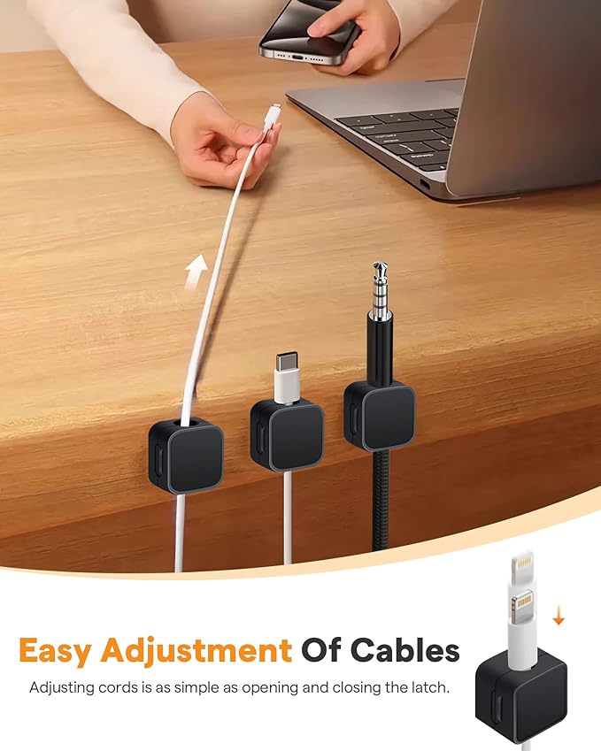 6 Pack Magnetic Cable Clips+2 Sheets (20 Lables) Cute Self-Adhesive Sticker Lables, 11.5mm Ultra Slim Smooth Adjustable Cord Organizer, Under Desk Cable Management for Home/Office/Kitchen/Nightstand