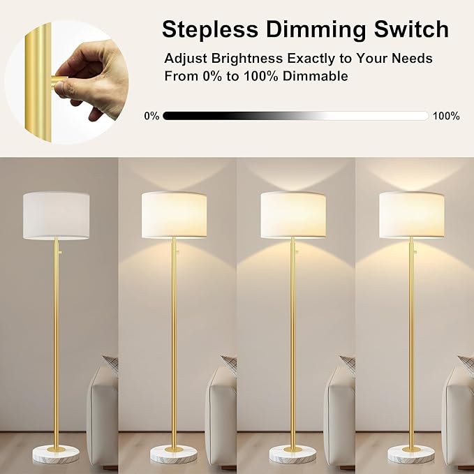 Dimmable Floor Lamps for Living Room,Gold Floor Lamp,Modern Standing Lamp with Marble Base,Tall Floor Lamp for Bedroom, Reading,Office & Kids' Room,LED Bulb Included(Gold)