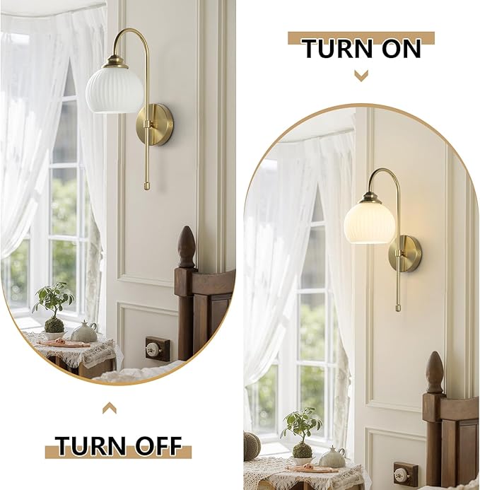 KCO Lighting Gold White Cordless Wall Sconces Mid Century Modern Bedroom Sconces Set of 2 Milk Glass Wall Lamps Antique Brass Wall Light Set of Two Retro Bathroom Vanity Light Fixtures