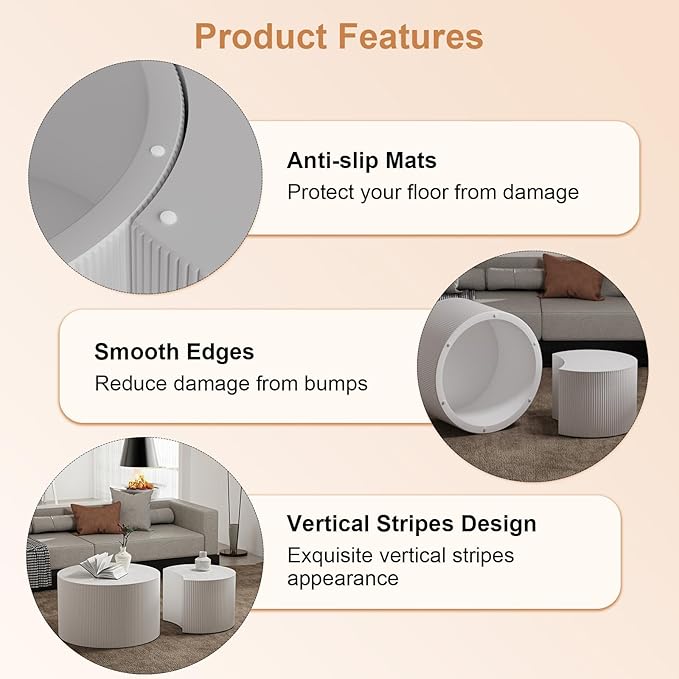 Modern Round Wooden Nesting Coffee Table Set of 2 Circle Tables with Non-Slip Feet, Accent Side End Table, Saving Space Design and No Need Assembly (GSMALL)