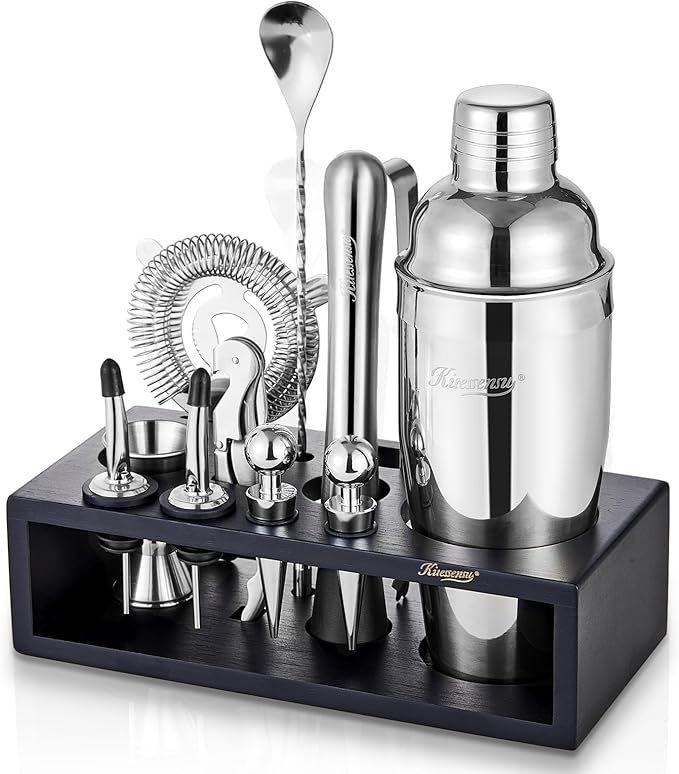KITESSENSU 12-Piece Cocktail Shaker Set with Stand | Mixology Bartender Kit Bar Set with Essential Bar Accessories for Home Bar: Martini Shaker, Jigger, Muddler, Bar Spoon | Drink Mixer Cocktail Kit