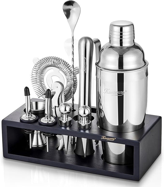 KITESSENSU 12-Piece Cocktail Shaker Set with Stand | Mixology Bartender Kit Bar Set with Essential Bar Accessories for Home Bar: Martini Shaker, Jigger, Muddler, Bar Spoon | Drink Mixer Cocktail Kit