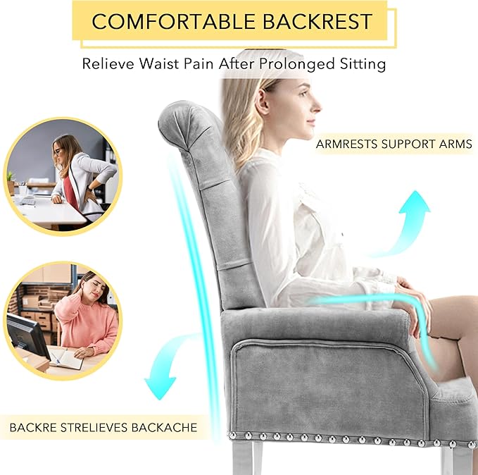 AODCHR Upholstered Velvet Accent Dining Chair, Elegant Tufted Dining Room Kitchen Room Arm Chair with Stainless Steel Leg, Light Grey