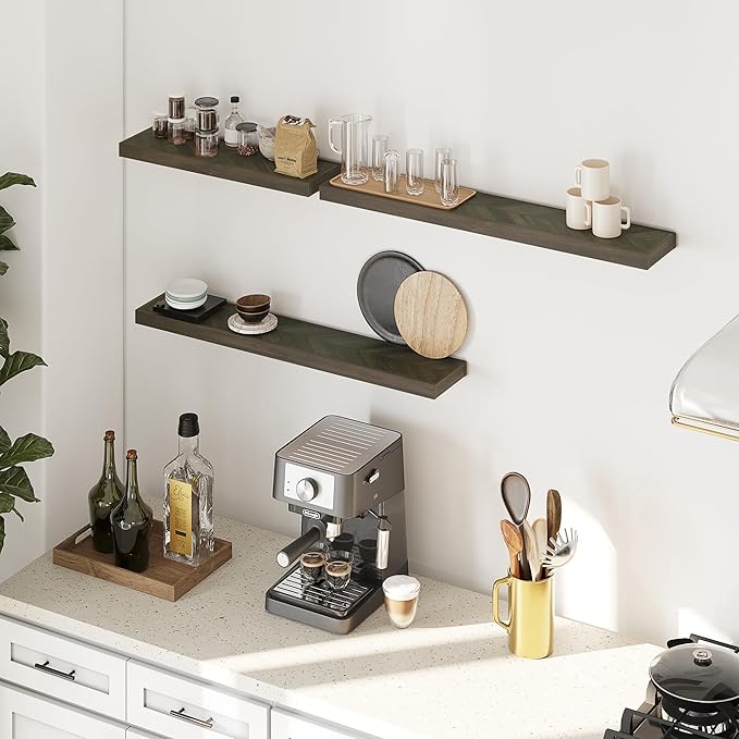 36" Acacia Chevron Floating Shelves Set of 2 - Wall Mounted Wooden Shelf for Stylish Home Décor - Mocha Color - 36x6.7x1.5 Inches