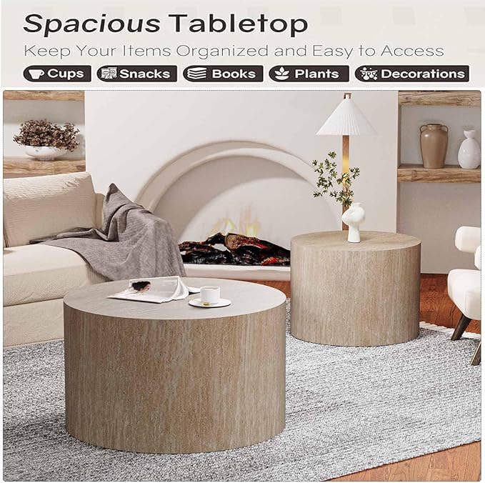 Modern Round Wooden Nesting Coffee Table Set of 2 Circle Tables with Non-Slip Feet, Accent Side End Table, Saving Space Design and No Need Assembly (B Large)