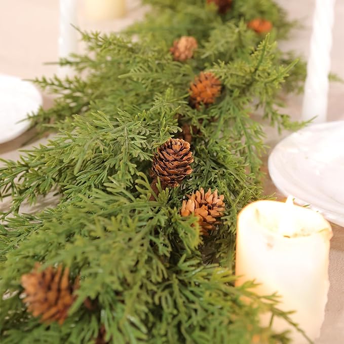 WBHome 2pcs Real Touch Cypress Cedar & Pine Cone Evergreen Garland for Christmas Holiday Seasonal Outdoor/Indoor Home Decor, 9FT Long