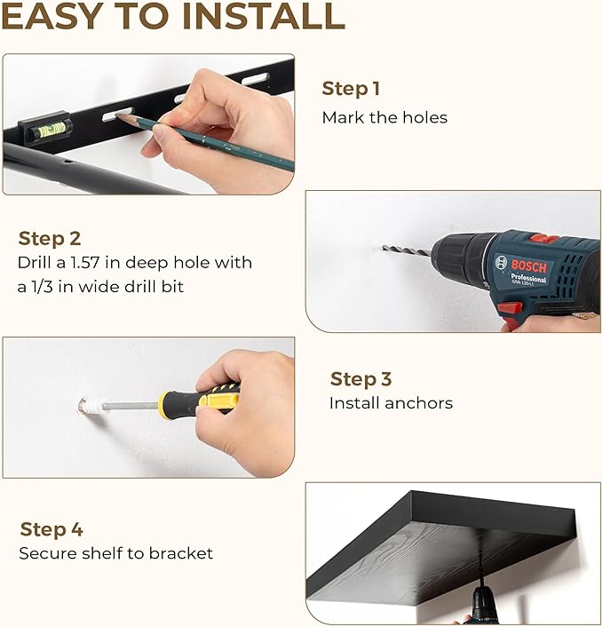 Dreamland 48 Inches Floating Shelves for Wall, 9.3" Deep Long Floating Shelves Set of 1, Large Display & Storage Shelf, Wall Shelf for Bathroom Bedroom Living Room Kitchen Office, Black