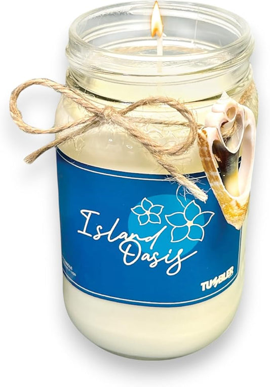 Tumbler Home Beach Candle, Large Scented Summer Candle, 100% Soy Wax, 90 Hour Burn, Mason Jar with Real Shell, Coastal Decor & Beach Themed Gift for Women, Made in USA, Tropical Flowers Scent