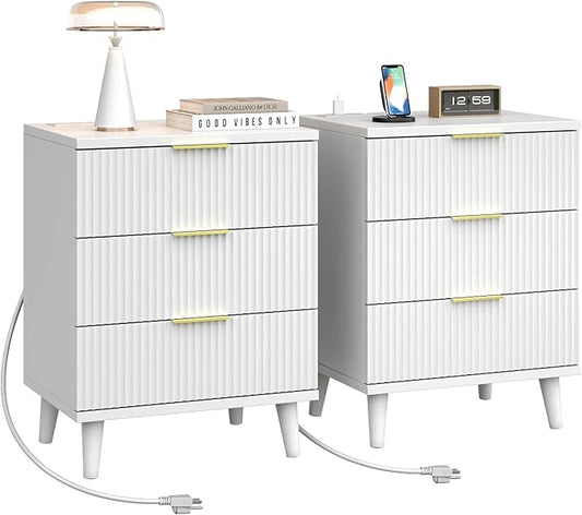 Fluted White Night Stand Set of 2 with USB Charging Station, 3-Drawer Dresser Wood Modern Bedside Table with Quiet Drawers & Large Storage End Table for Bedroom