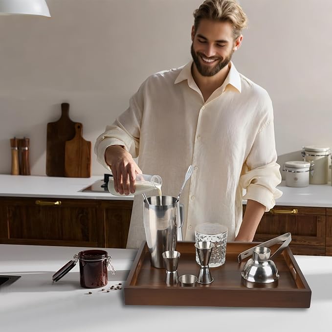 Bamboo Wood Serving Tray with Handles(14.96x10.24x1.57 inches) – Elegant Decorative Platter for Breakfast in Bed, Lunch, Dinner, Appetizers, BBQ, Parties & More – Perfect for Couch and Drawing Room.