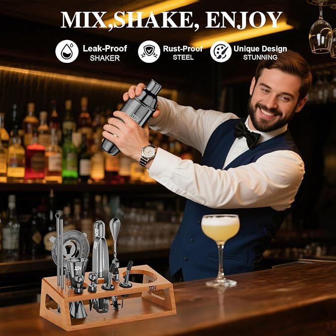 IOV Cocktail Shaker Set Bartender Kit with Stand | Bar Set Drink Mixer Set Includes Martini Shaker, Jigger, Strainer, Mixing Spoon, Muddler, Recipe Book | Home Bar Accessories Gift Set (Black)