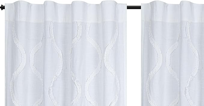 Bedding Craft White Cotton Farmhouse Tab Top Curtains Set of 2, 96" Long x 50" Wide, White 2 Panel Drapes Curtains,Frill Trim Semi Sheer Light Filtering Drapes, Pack of 2