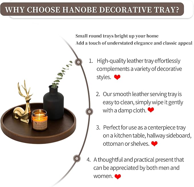 Hanobe Decorative Tray Round Serving: Faux Leather Coffee Table Trays Decor 12 inch Small Brown Circle for Bar Ottoman Party Modern Home Kitchen Counter Centerpiece