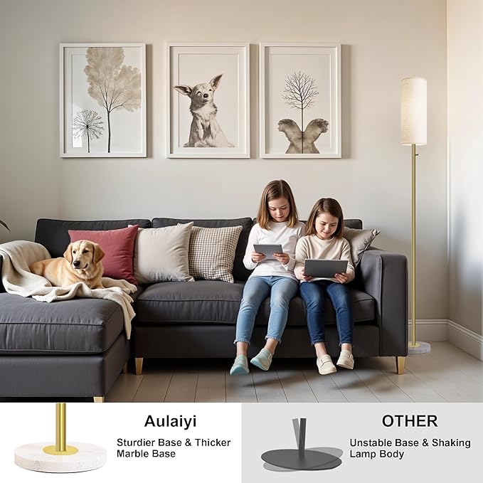 Gold Floor Lamp,Dimmable Floor Lamps for Living Room,Modern Standing Lamp with Marble Base,LED Bulb Included,Tall Floor Lamp for Bedroom, Living Room,Office,Reading and Nursery(Gold)