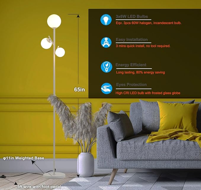 Fiqevs White Mid Century Floor Lamp, Modern 3 Globe Standing Lamp with 3 LED Bulbs & Arcing Frosted Glass Shades, Boho Rustic Tall Tree Lamp for Living Room, Bedroom & Office