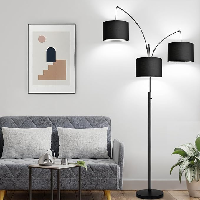 Dimmable Floor Lamp - 3 Lights Arc Floor Lamps for Living Room, 1000LM Modern Tall Standing Lamp With Black Shades & Heavy Base, Mid Century Tree Floor Lamp for Bedroom Office, 3 LED Bulbs Included