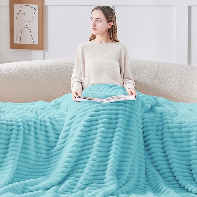 BEDELITE Fleece Throw Blanket for Couch - 300GSM Soft & Warm Fluffy Sky Blue Blanket, Decorative and Giftable Striped Blankets for Women, Men, 50"x60"