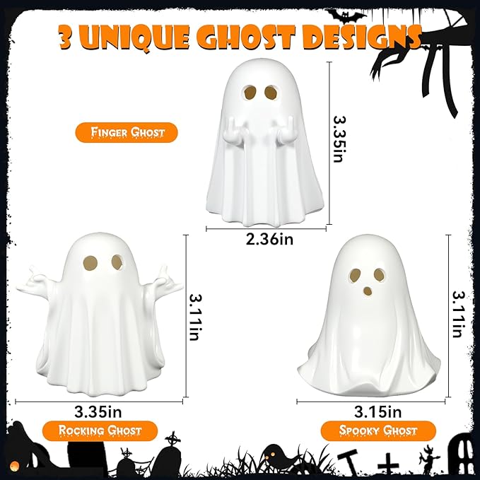 Halloween Decorations Indoor, Set of 3 Light Up Ghost Decorations, Spooky Home Decor Ghosts Figurines for Mantel Tray Shelf Table