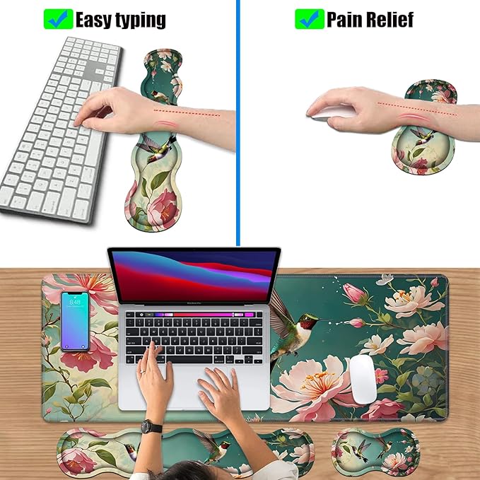 4 in 1 Ergonomic Keyboard Wrist Rest & Mouse Pad Wrist Rest Set, Large XXL Gaming Desk Mat 31.5"x 11.8" with Non-Slip Base, Memory Foam for Home Office Study Gaming, Hummingbird Flowers