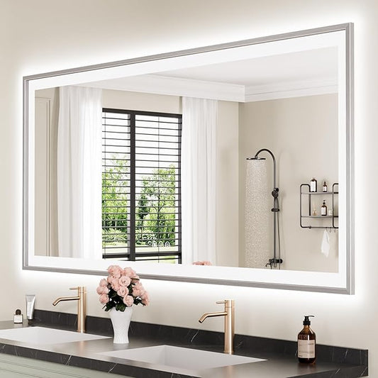 60x28 Silver LED Bathroom Mirror, Rectangle Brushed Nickel Lighted Mirror for Wall, Stepless Dimmable Led Vanity Mirror with Front-lit and Backlit, Tempered Glass, Anti-Fog, Memory