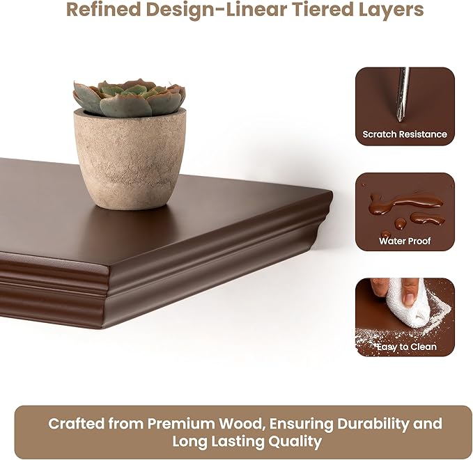 Axeman 72 Inch Floating Shelves for Wall, 9.3" Deep Crown Molding Wood Display Shelf with Heavy Duty Invisible Brackets for Living Room, Bedroom, Bathroom, Kitchen Decor & Storage, Set of 1, Walnut