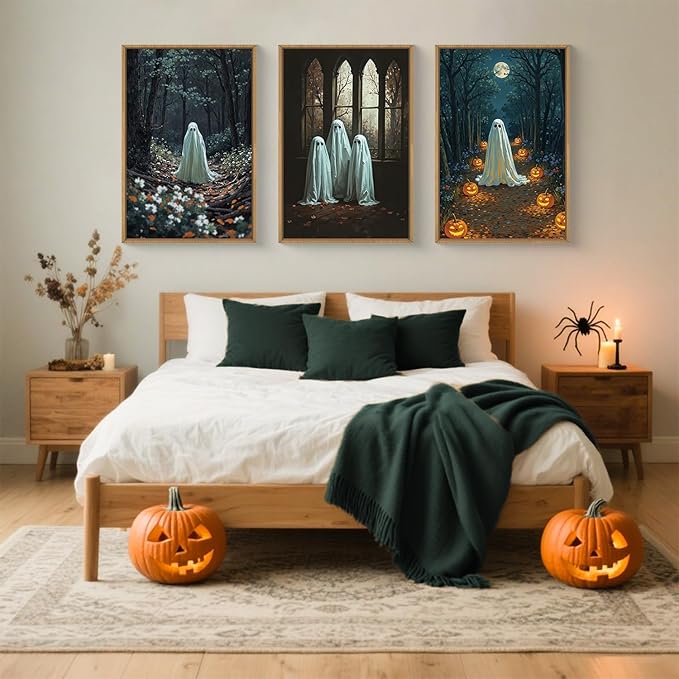 3Pc Halloween Cute Ghost Framed Wall Art Set, Scary Forest and Pumpkin Wall Decor, Horror Moon Night Wall Painting, Gothic Spooky Art Print for Living Room, Bedroom, Party, Basement 24×36inch