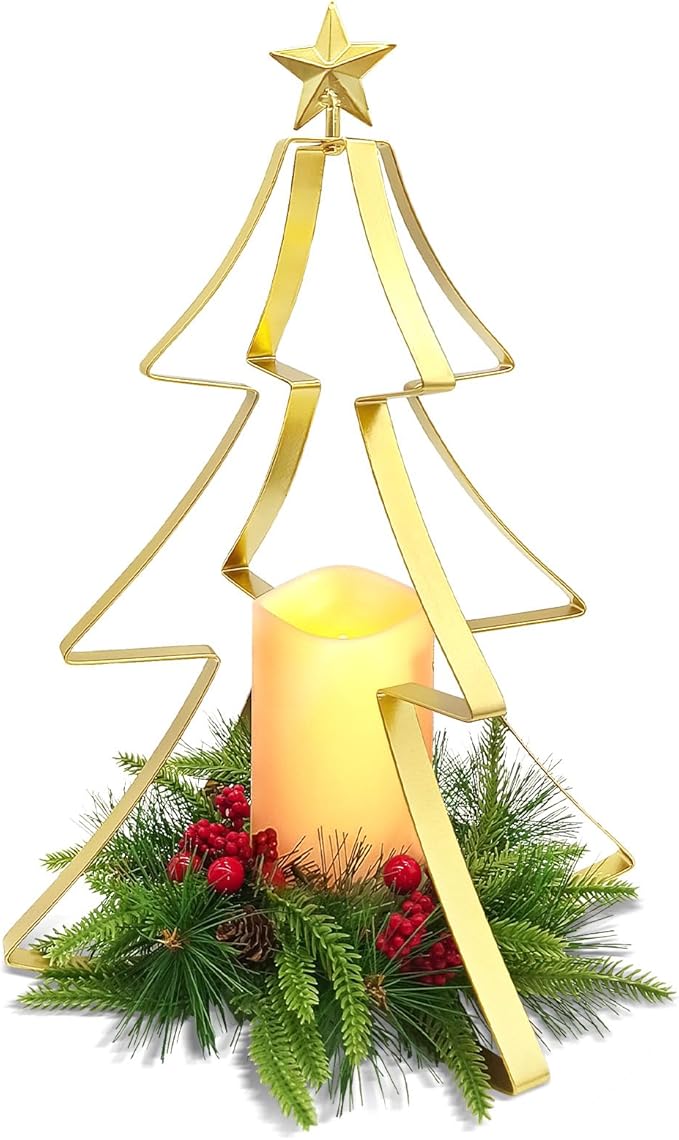Christmas Table Centerpiece Decorations, Metal Christmas Tree Candle Holder with Battery Operated Candle Light Artificial Red Berries Pinecones Xmas Decor for Home Farmhouse Party