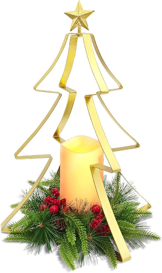 Christmas Table Centerpiece Decorations, Metal Christmas Tree Candle Holder with Battery Operated Candle Light Artificial Red Berries Pinecones Xmas Decor for Home Farmhouse Party