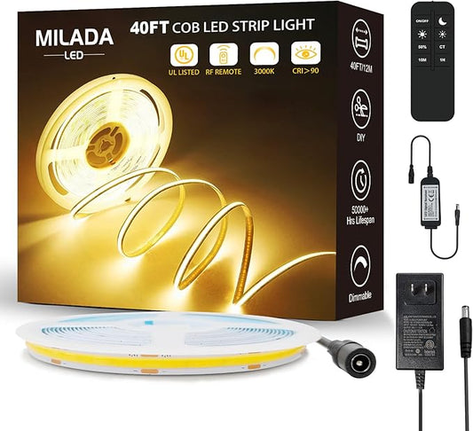 COB LED Strip Light 3000K 40FT/12M Warm White High Lumen Dimmable Strip Paired with RF Remote 24V UL Certified Adapter Suitable for Bedroom Cabinets