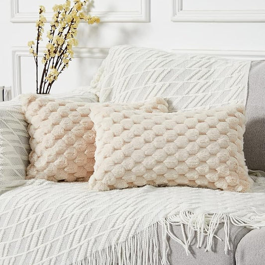 Yaertun Pack of 2 Super Soft Cozy Lumbar Decorative Throw Pillow Covers Fuzzy Plush Faux Fur Luxury Cushion Cover Pillowcase for Sofa Couch Bed Livingroom 12x20 Inch Beige
